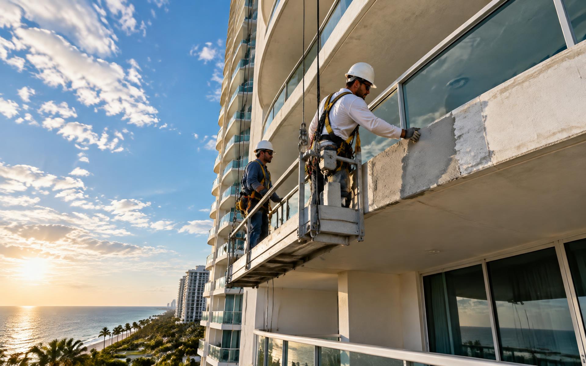 Restoration crews repairing a coastal Florida condominium facade